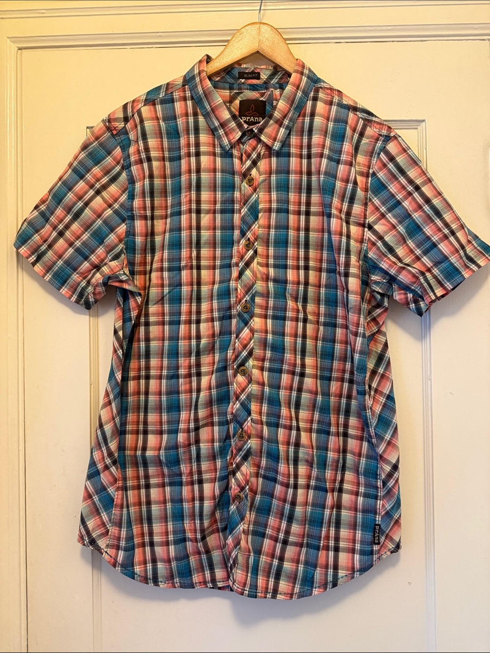 Prana Men's Slim Fit Plaid Button-Down in Blue and Coral